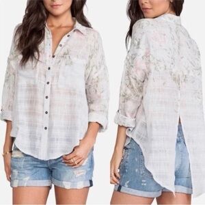 Free People Sheer Floral Button-Up Shirt Blouse Boho Cottagecore Resortwear S
